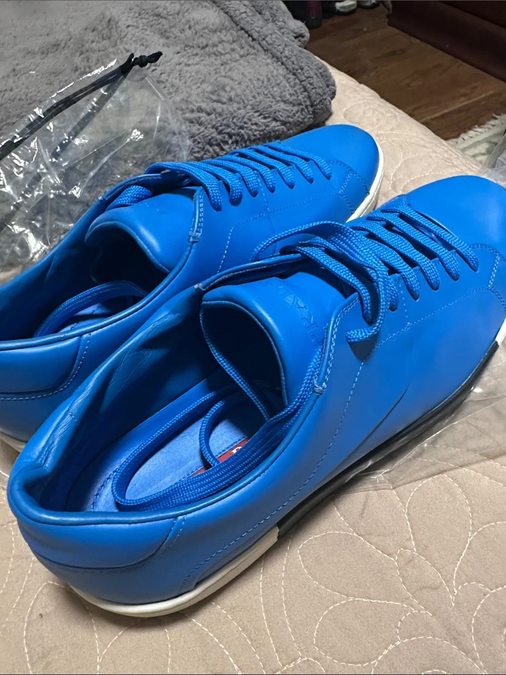Prada Men's Electric Blue Leather Low-Top Sneakers